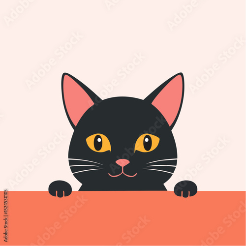 A shy black cat peeks up with bright yellow eyes in a fun modern vector illustration.