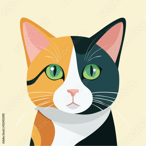 A calico cat with bright green eyes and tri-color fur shown in crisp clean vector style.
