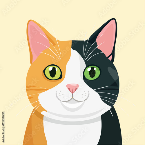 A calico cat with bright green eyes and tri-color fur shown in crisp clean vector style.