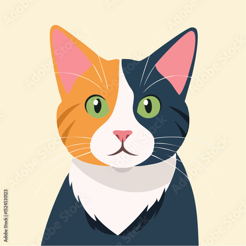 A calico cat with bright green eyes and tri-color fur shown in crisp clean vector style.