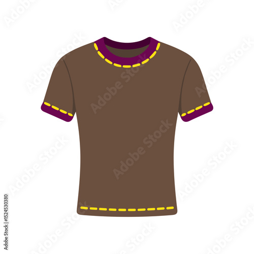 Brown cotton t-shirt with yellow stitching and purple accents, concept of preparing summer wardrobe  
