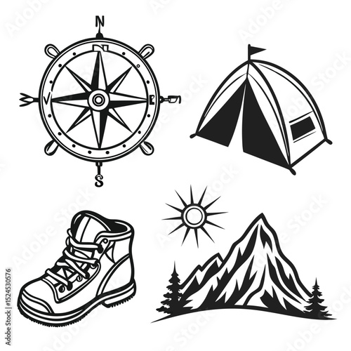 Camping and Sea Travel Icon Set in Vintage Black Vector Style