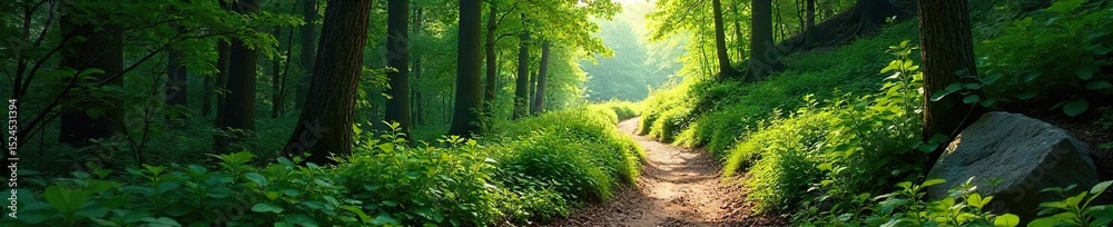 Fototapeta premium A winding mountain hiking trail leads through lush green forest, sunlight dappling the path ahead Perfect for adventure and nature themes , woods, gravel, fall