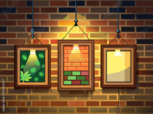 vector of Three frames on the brown brick wall and lighting on the frame.
