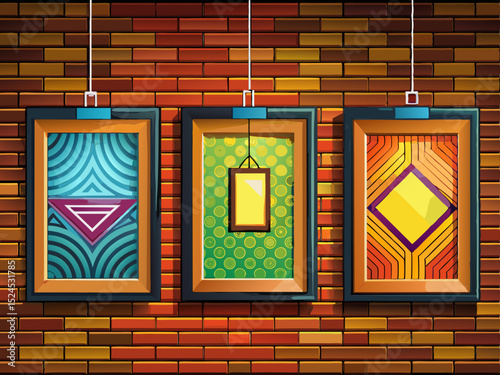 vector of Three frames on the brown brick wall and lighting on the frame.