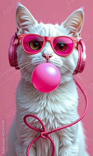 Stylish Cat with Headphones and Bubble Gum