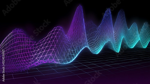 Neon wireframe mountains on grid landscape