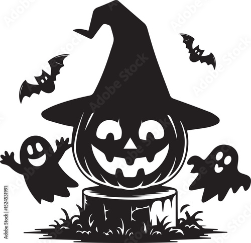 Halloween Pumpkin with Witch Hat Ghosts and Bats Black Silhouette