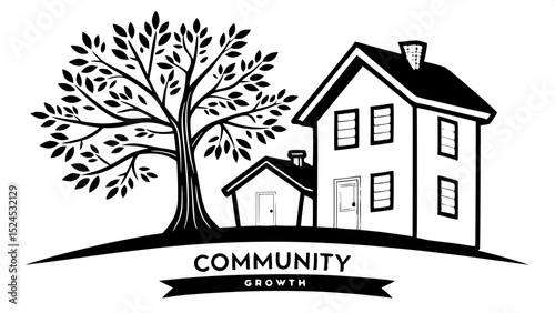 Two minimalist houses with a tree silhouette between them
A central tree in negative space between two overlapping stylized houses, symbolizing community and growth. Rendered in black and gray with cl