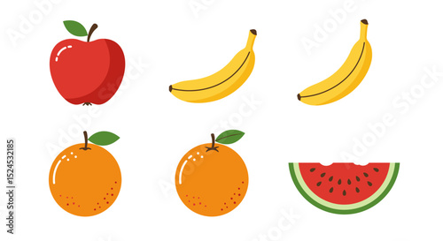 Vibrant Fruit Illustrations Apples, Bananas, Oranges, and Watermelon for Design Projects