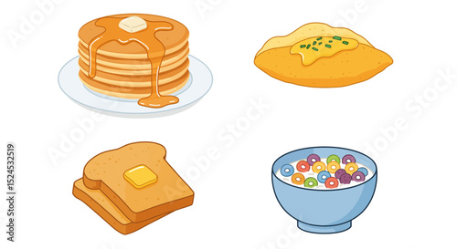 Delicious Breakfast Pancakes, Omelets, Toast, and Cereal Illustrations – Perfect for Menu Design