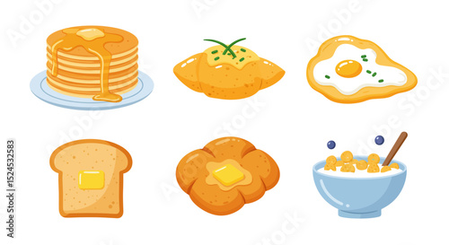 Delicious Breakfast Pancakes, Eggs, Toast, and More – A Yummy Collection of Morning Meal Illustrations