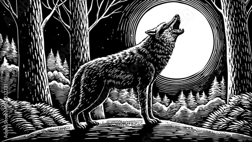 Black and white sketch vector of a howling wolf under a full moon in the wilderness