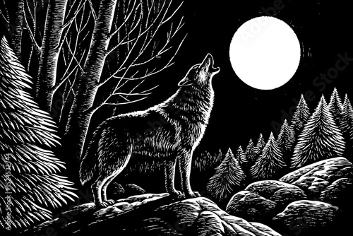 Black and white sketch vector of a howling wolf under a full moon in the wilderness