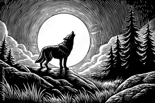 Black and white sketch vector of a howling wolf under a full moon in the wilderness