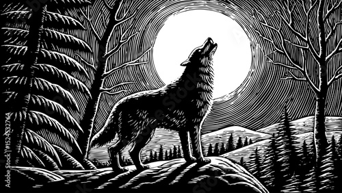 Black and white sketch vector of a howling wolf under a full moon in the wilderness
