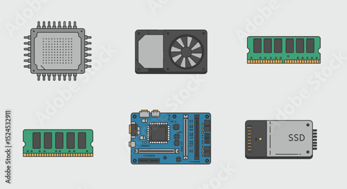 Essential Computer Components CPU, GPU, RAM, Motherboard, and SSD Illustrations