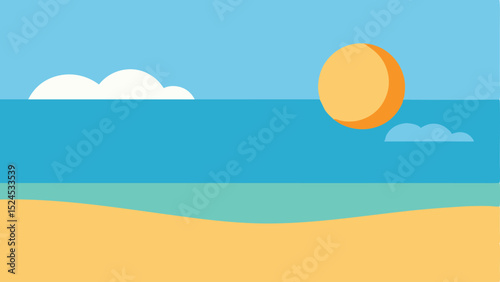 Minimalist summer landscape illustration featuring sun clouds sea and sandy beach