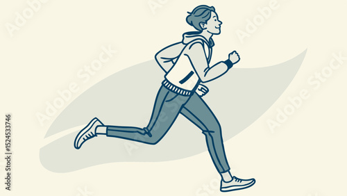 Cartoon illustration of a person running with a hoodie and pants