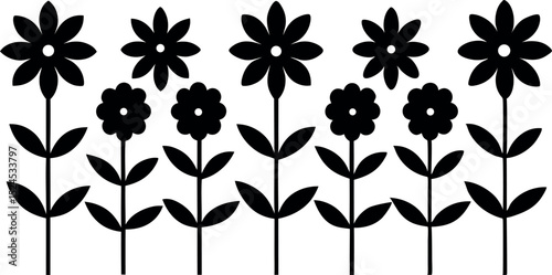 Black and white floral pattern with stylized flowers and leaves on stems