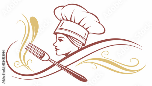Elegant Chef Profile with Fork and Decorative Swirls Illustration