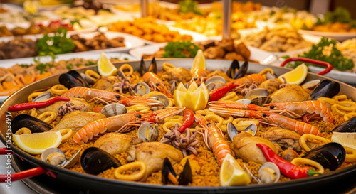 plat de paella bien garnie, présentée au sein d'un buffet de fête photo