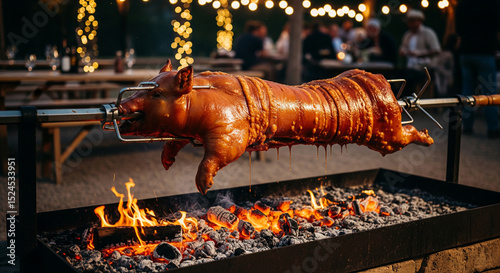 cochon de lait en train de cuire lentement sur une broche, dans une ambiance de fête en plein air