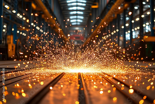 Industrial scene with molten sparks erupting from a metal surface, blurring into the background machinery