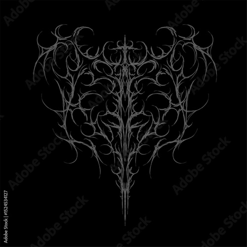 Neo tribal vector in hand drawn symmetrical sigilism with cyber gothic flair, ideal for dark apparel, prints