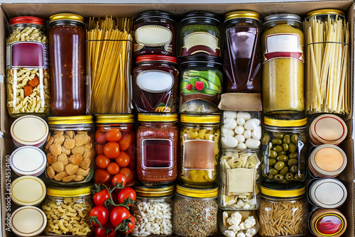 Food Box Donation. Assorted Grocery Food Canned Goods, Pasta, Vegetables in Donation Box. Top View.