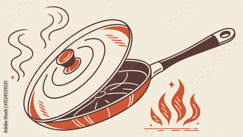 Retro Style Frying Pan with Lid Ajar and Steam