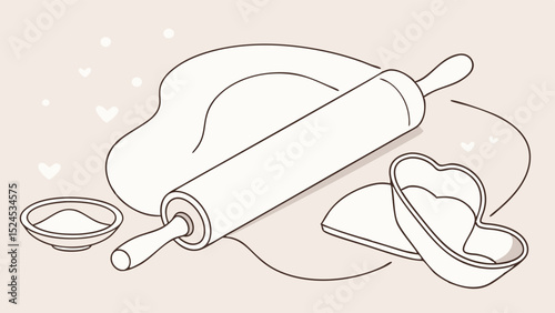 Rolling Pin Dough HeartShaped Cookie Cutters and Flour