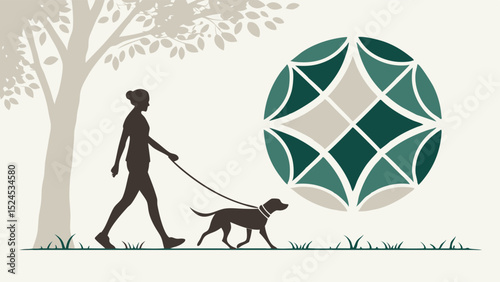 Silhouette of a woman walking a dog near a tree and geometric design