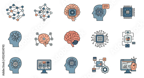 Artificial Intelligence Icons Brain, Network, and Processor Designs for AI Projects