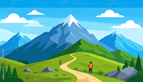 Panoramic view of hikers on a mountain trail leading towards a majestic snow-capped peak, surrounded by lush green hills under a bright blue sky with fluffy clouds