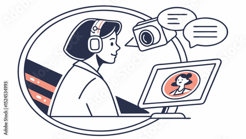 Woman in Headset Interacting with Video Call and Camera