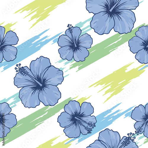 Elegant Hibiscus Floral Pattern Blue Flowers and Pastel Stripes Design