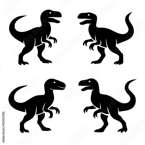 Silhouette of Fierce Raptors: A striking black silhouette of four formidable raptors poses, their forms poised against a clean backdrop, showcasing their intimidating essence. 