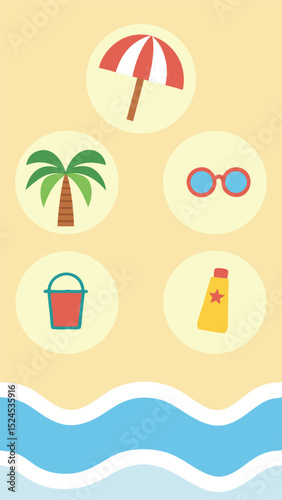 Summer beach themed vector illustration featuring sun umbrella palm tree sunglasses and sunscreen