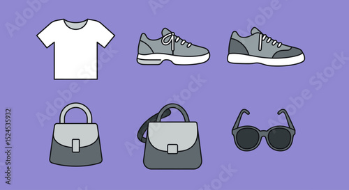 Stylish Minimalist Fashion Icons T-shirt, Sneakers, Handbags, Sunglasses - Vector Graphics