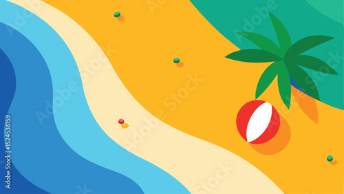 Tropical beach landscape with palm tree beach ball and ocean waves on white background