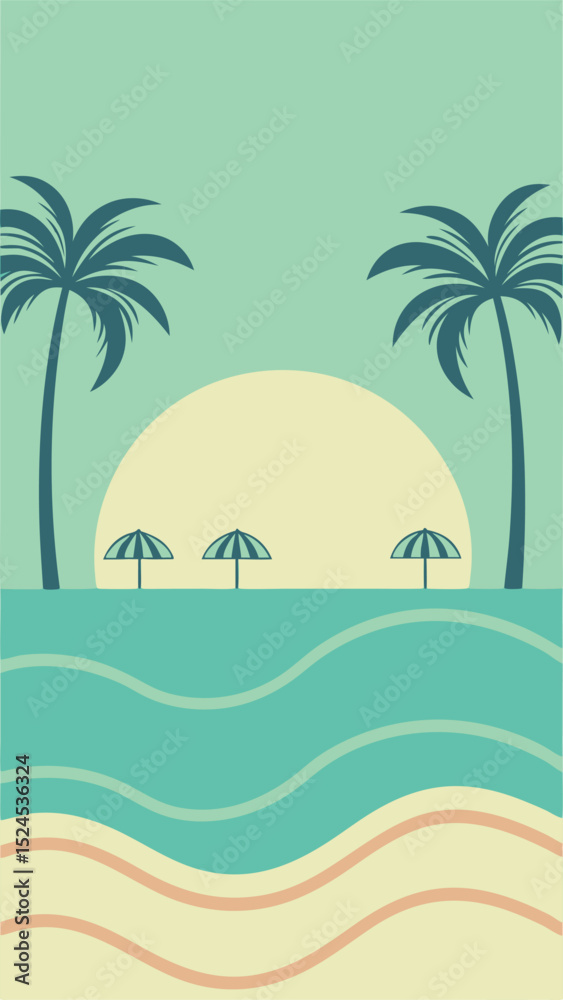 Fototapeta premium Tropical beach scene illustration with palm trees sun and seaside umbrellas design