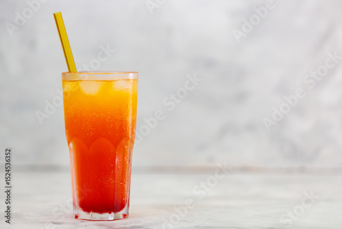 Dirty Soda in Tall Glass with Ice on Gray Background, Trendy Dirty Soda Concept, Copy Space