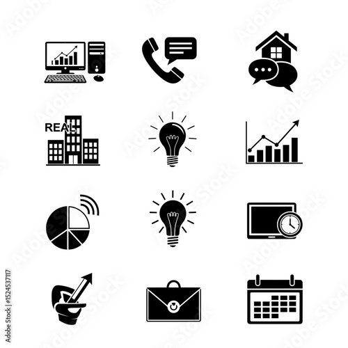 A grid of black vector icons illustrates business and marketing concepts, including computers, communication, real estate, growth charts, and ideas.