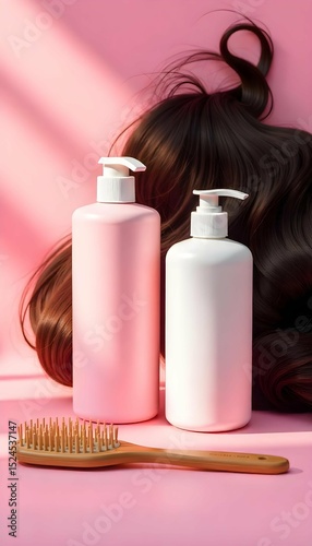 Hair care product mockup shampoo and conditioner bottles with soft highlights styled with natural hair strands or hairbrush props on a pastel background