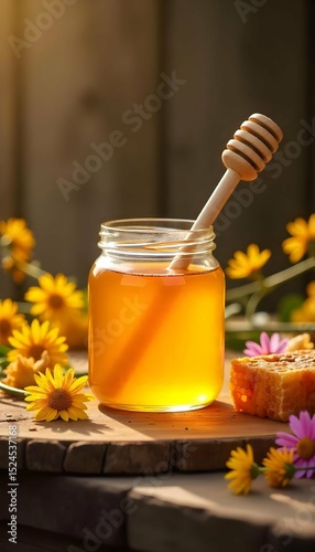 Natural honey product display glass jar of golden honey, wooden dipper, surrounded by honeycomb and wildflowers rustic wooden backdrop, warm lighting