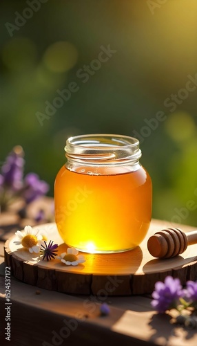 Natural honey product display hlass jar of golden honey, wooden dipper, surrounded by honeycomb and wildflowers rustic wooden backdrop, warm lighting