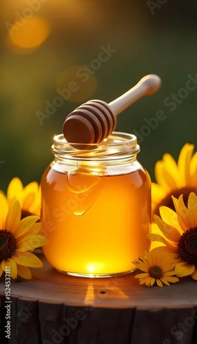 Natural honey product display glass jar of golden honey, wooden dipper, surrounded by honeycomb and wildflowers rustic wooden backdrop, warm lighting