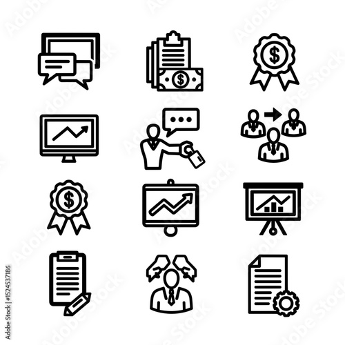 A grid of black vector icons illustrates business and marketing concepts, including computers, communication, real estate, growth charts, and ideas.