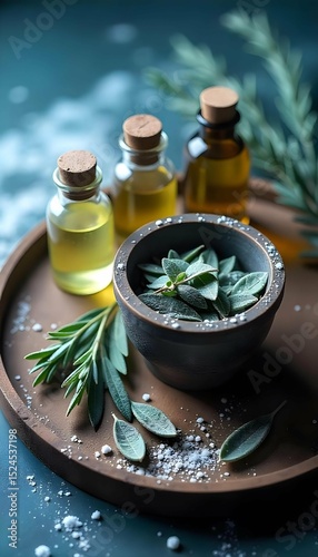 Herbal product scene essential oil bottles, dried herbs, and mortar & pestle arranged on a spa-style wooden tray, fresh and earthy look, overhead view